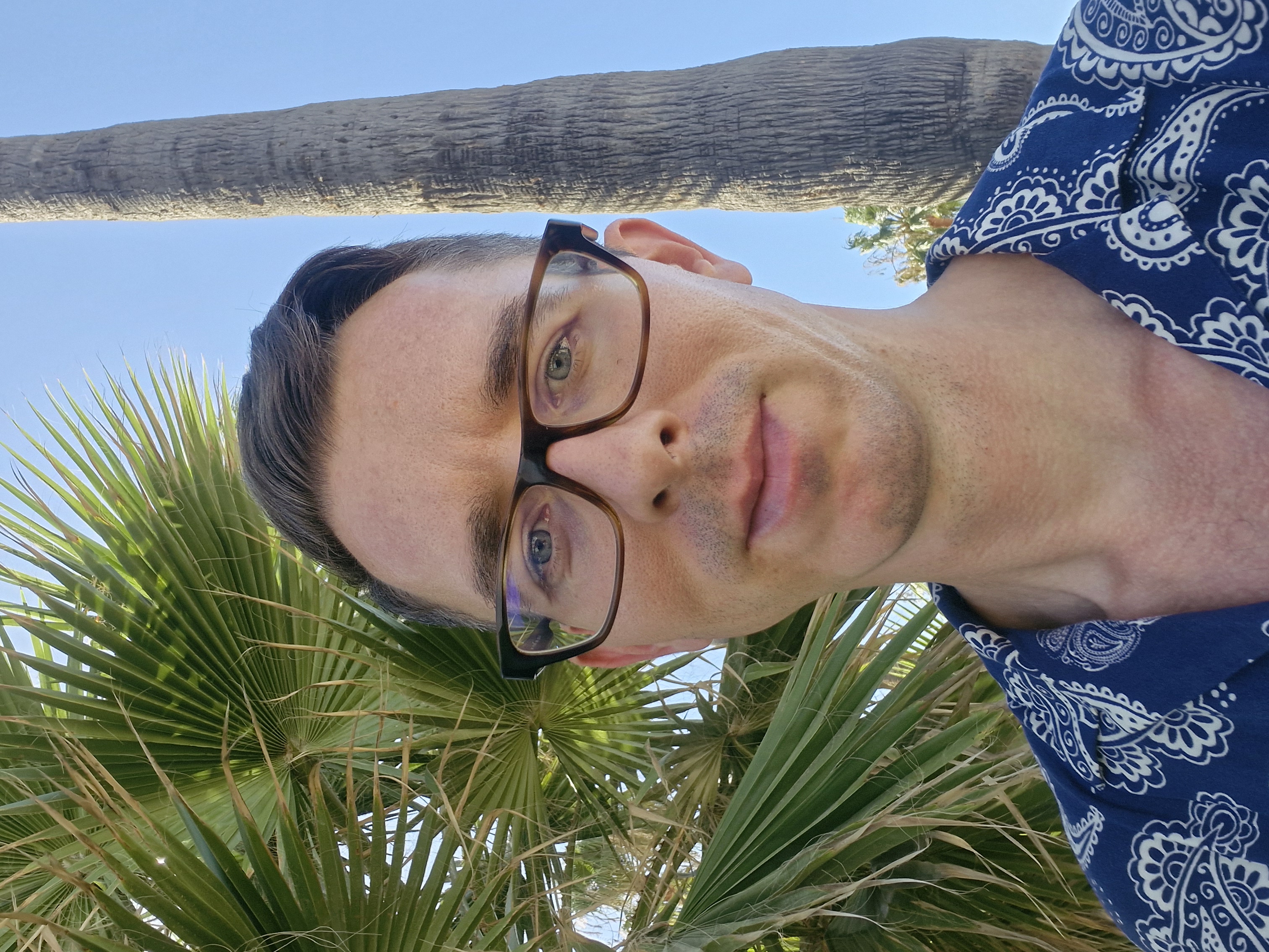 Tom Ilsinszki outdoors beneath palm trees